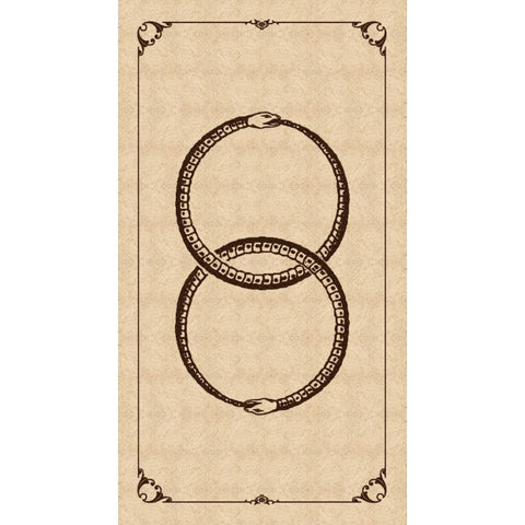 Kortų nugarėlė su dviem susipynusiomis gyvatėmis, rudos linijos ant senovinio smėlio fono, tarot kortų nugarėlei