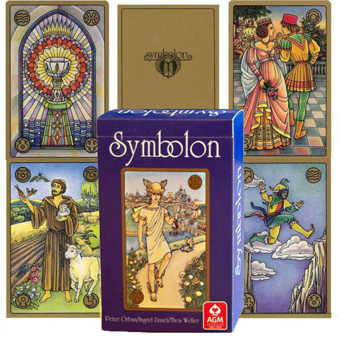 tarot kortos Symbolon komplektas su purpurine dėžute ir atverstu kortų išdėstymu, iliustruotos archetipinės figūros