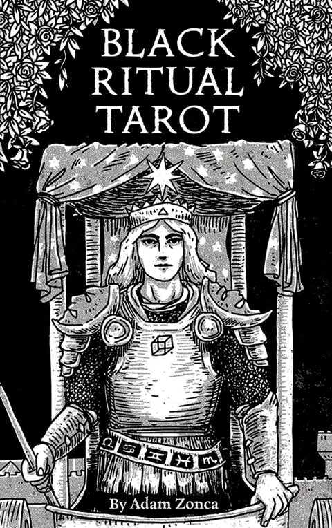 Black Ritual taro kortos – juodai balta mistiška kaladė, 78 kortos + bukletas