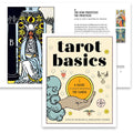 tarot knyga Tarot Basics su iliustruotu dangteliu ir ranka laikančia auksinį diską; matoma ir vidinė Aukščiausios kunigės korta