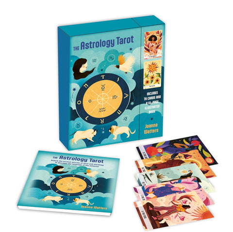 Taro kortos Astrology Tarot (Joanna Watters) mėlyname dėkle su 78 kortomis, 64 psl. knygele ir atverstais pavyzdiniais kortų lapais