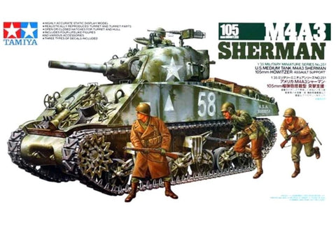 Tamiya tankas M4A3 Sherman 105 mm haubica, 1/35 plastikinis rinkinys