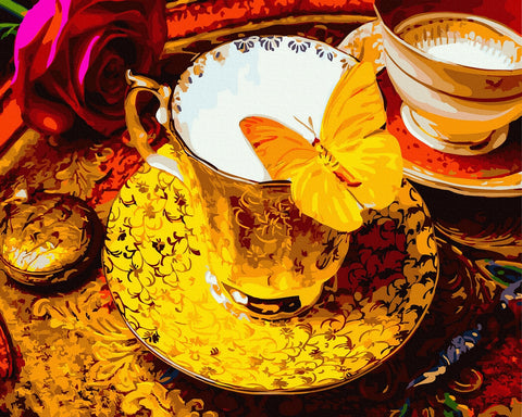 Tapybos rinkinys "A cup of tea with a yellow butterfly"