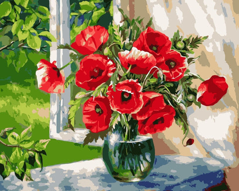 Wizardi: Tapybos Pagal Skaičius Rinkinys - Poppies on the Windowsill 40x50 cm B025 - HOBI.LT 🇱🇹