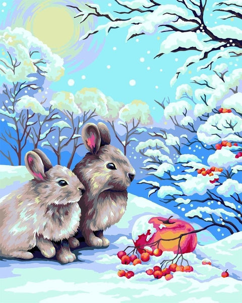 Wizardi: Tapybos Pagal Skaičius Rinkinys - Rabbits in Winter Forest 40x50 cm L018 - HOBI.LT 🇱🇹