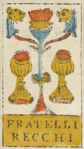 tarot korta Fratelli Recchi, rankų spalvota vintage trijų taurų korta su geltonomis taurelėmis ir liūtų galvomis