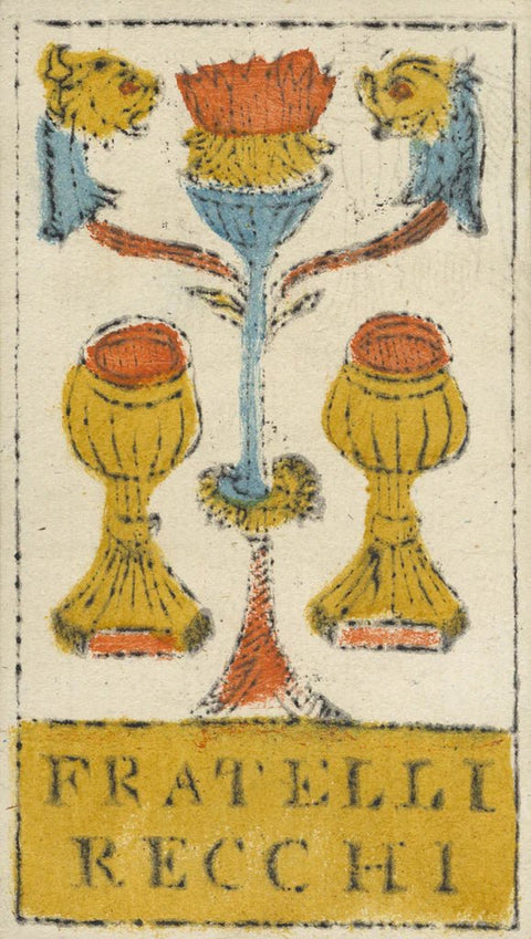 tarot korta Fratelli Recchi, rankų spalvota vintage trijų taurų korta su geltonomis taurelėmis ir liūtų galvomis
