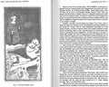Tarot korta Raitelis (Chariot) juodai baltas ant knygos puslapio, detalus XV–XVI a. stiliaus piešinys su tekstu dešinėje