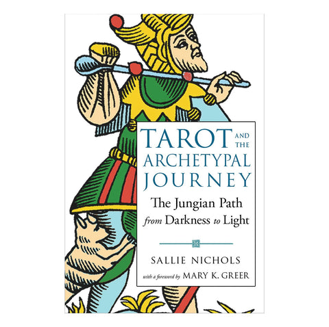 Knyga Tarot and the Archetypal Journey Sallie Nichols – baltas viršelis su spalvota jesterio iliustracija ir pavadinimu