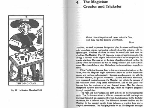 Knyga atversta į juodai baltus vidinius puslapius, matoma tarot kortos „Magician“ iliustracija ir skyrius, rodantis vidinės būklės detales