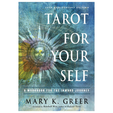 tarot knyga Tarot for Yourself Mary K. Greer, mėlynas viršelis su stilizuota saulės veido iliustracija, 35‑osios metinių leidimas, priekinis dangaus vaizdas