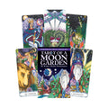 Produkcijos puslapyje: spalvingas Tarot of a Moon Garden rinkinys — dėžutės priekinis vaizdas ir keli unikalūs taro kortų variantai