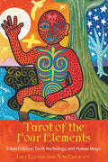 Tarot kortai su spalvingu iliustruotu viršeliu — raudona figūra, pavadinimas „Tarot of the Four Elements“ ir autorių vardai