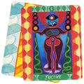 tarot korta Justice iš spalvingo rinkinio, priekis su stilizuota moters figūra ir žalia juosta su užrašu Justice, antra korta fone matoma kaip nugarėlė