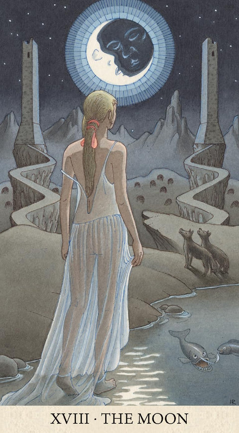 Tarot korta Mėnulis, stačia orientacija, akvarelinė iliustracija: balta suknia vilkų ir dviveidžio mėnulio scenoje