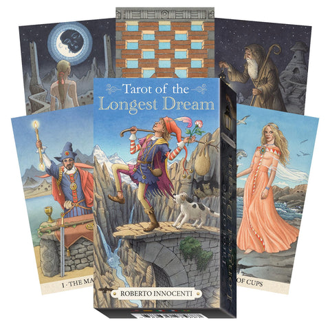 Tarot kortos Roberto Innocenti Longest Dream – priekinė dėžutė su fanuotomis akvarelinėmis iliustracijomis, rodančiomis kelių kortų variantus ir dizainą
