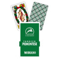 Tarocco Piemontese kortos Modiano — žalia pakuotė su logotipu ir dviem pavyzdinėmis kortomis, matoma priekis ir nugarėlė
