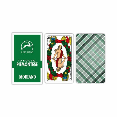 Tarocco Piemontese Modiano žaidimo kortų komplektas, žalia dėžutė, „Il Mondo“ korta ir žalia languota nugarėlė
