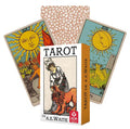Tarot kortos A.E. Waite dėžutėje su trims atverstomis kortomis, klasikinis Rider‑Waite dizainas