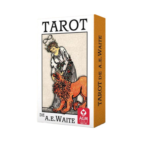 Tarot kortos A.E. Waite AGM leidimas, baltas priekinis dėkliukas su oranžine šonine, trijų ketvirčių kampu