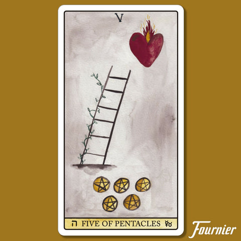 Tarot korta Pentaklių penketas (Fournier), akvarelinis smėlio ir raudonos tonų dizainas su kopėčiomis, pluosto širdimi ir penkiais auksiniais pentakliais