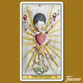 Tarot korta Dviejų taurių (Fournier) priekinė pusė: spalvinga širdies iliustracija su geltonais spinduliais ir vividiomis gėlėmis