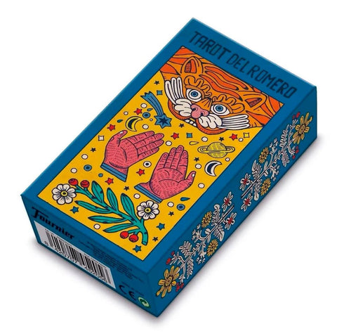 Tarot kortos mėlyno ir geltono Fournier dėkle, kampu užfiksuotas viršus su tigrų motyvais ir šonų gėlių raštu