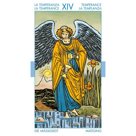 tarot korta Temperance XIV — stovintis angelas su geltona mantija ir mėlynais sparnais, pėdos vandenyje