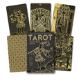 Tarot kortos Gold & Black leidimas su aukso‑juodos grafikos Rider–Waite kortomis, dėkle ir fanuotai išdėstytomis kortelėmis