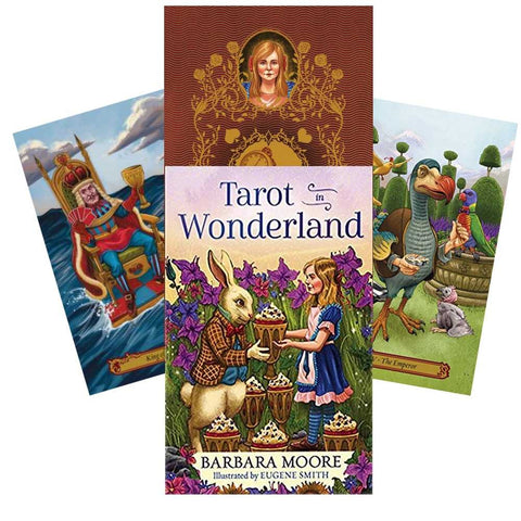 Tarot kortos Tarot in Wonderland (Barbara Moore) komplektas su spalvingu viršeliu, iliustracija ir trimis demonstracinėmis kortomis