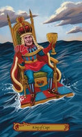 Tarot korta Karalius Taurių — spalvingas kortos priekinis piešinys: karalius sėdi ant sosto ant bangų, laiko taurę ir kortas