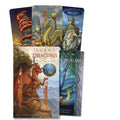 Tarot of Dragons taro kortų rinkinys (Shawn MacKenzie), dėžutės viršelis su raudonu drakonu ir fanuotos mėlynos bei žalios kortos