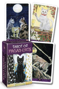 Tarot kortos Pagan Cats komplektas su purpurine dėžute ir keturiomis katėmis iliustruotomis kortomis
