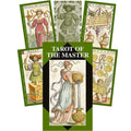 Tarot kortos Tarot of the Master, retro itališko dizaino žalia dėžutė su keliais iliustruotais pavyzdžiais