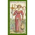 Tarot korta Regina di Spada, pilno dydžio kortos priekinė pusė su karaliene rožinėje suknele, kalaviju ir maišeliu, skirta rinkiniui