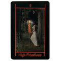 tarot korta High Priestess, juodas rėmas, pilnos figūros moteris prie atvirų vartų naktį su pusmėnuliu