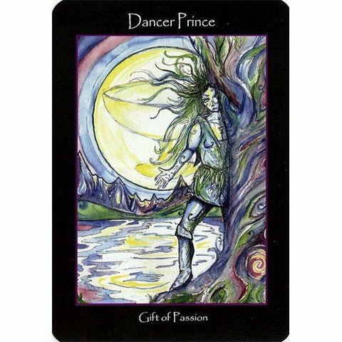 tarot korta Dancer Prince (Gift of Passion) – priekis su mėnulio scenoje šokančiu princu, mėlyno‑geltonu iliustraciniu dizainu