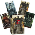 Tarot kortos Z Alejandro Colucci dėžutėje su penkiomis tamsiomis zombių tematikos kortomis, matoma priekinė pakuotė ir kortų išklotinė