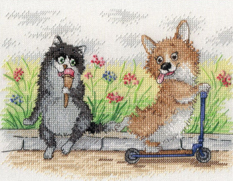 kryželių rinkinys: spalvotas katės su ledais ir corgi šuns su paspirtuku žaismingas dizainas