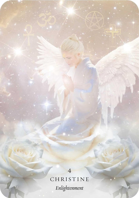 Tarot korta Christine "Enlightenment" (4) – balta angeliška figūra su dideliais sparnais, žvaigždėmis ir dviem baltomis rožėmis