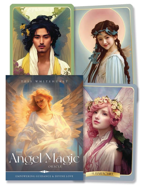 Angel Magic orakulo kortos Tess Whitehurst leidimas, storo pakuotės viršelis ir keturios iliustruotos angelų kortos parodytos iš priekio