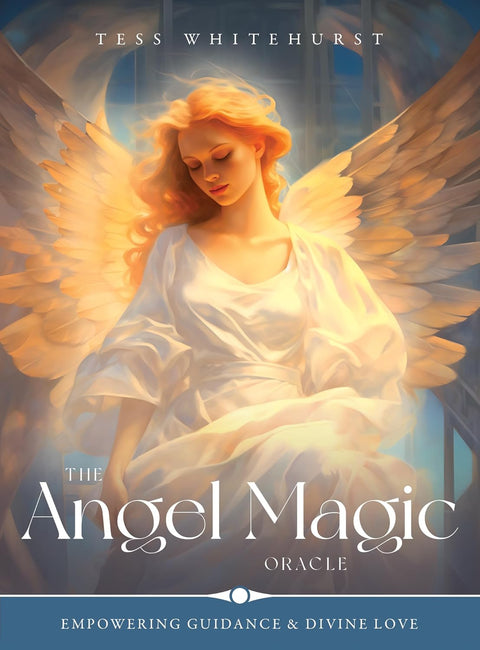 Angelų kortos Angel Magic (Tess Whitehurst) — aukso šviesos viršelis su angelės sparnais, iliustruota oracle kortų dėžutė
