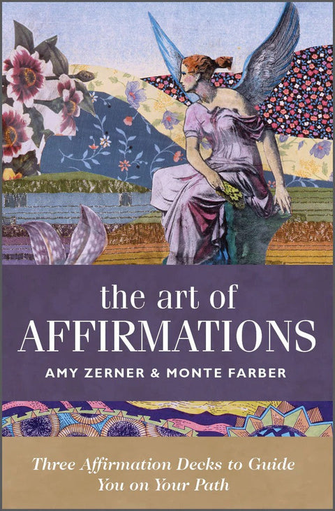 Affirmacijų kortos The Art of Affirmations su purpuriniu koliažo viršeliu, autorių Amy Zerner ir Monte Farber vardais