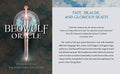 Beowulf Oracle kortų rinkinys: tamsiai žalsvas viršelis su kalaviju ir pavyzdinis įžangos tekstas apie likimą