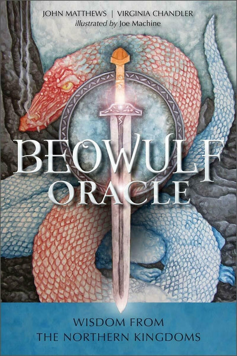 Beowulf kortų rinkinys su viršeliu: centrinis kardas ir raudona bei mėlyna susuktų gyvačių iliustracija, skirtas produkto apžvalgai