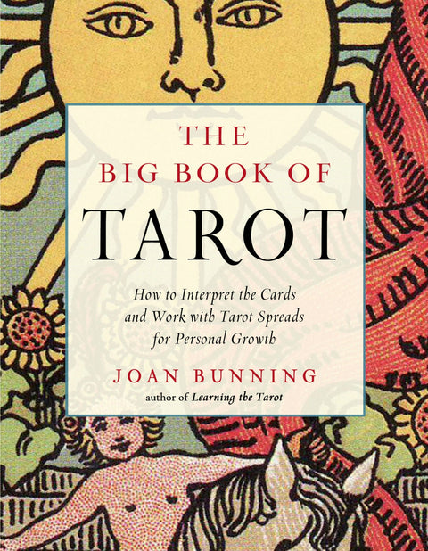 Tarot knyga The Big Book of Tarot, Joan Bunning — priekinis dangtis su Saulės kortos piešiniu ir raudonais akcentais