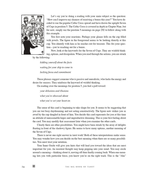 knyga The Big Book of Tarot atversta į vidinį puslapį su juodai baltu Septynių taurų piešiniu ir aiškiai išdėstytomis interpretacijomis