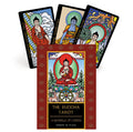 Taro kortos The Buddha Tarot, raudonas dėklas ir trys spalvoti kortų pavyzdžiai, rodoma pakuotė ir turinys parduotuvės puslapyje
