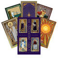 Byzantine Tarot kortos — komplektas su violetine dėžute ir auksuotomis Bizantijos stiliaus kortomis, išdėstytomis vėduokle
