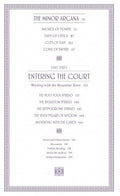 Byzantine tarot knygos turinys: violetiniu ornamentu rėmelyje išvardyti Minor Arcana ir „Entering the Court“ skyrių pavadinimai, skiriasi nuo viršelio ir kortų iliustracijų